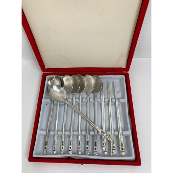 Korean Flatwear Spoon Chopsticks Silver Plate Vintage 14 pieces Utensils 6874 - Picture 7 of 10